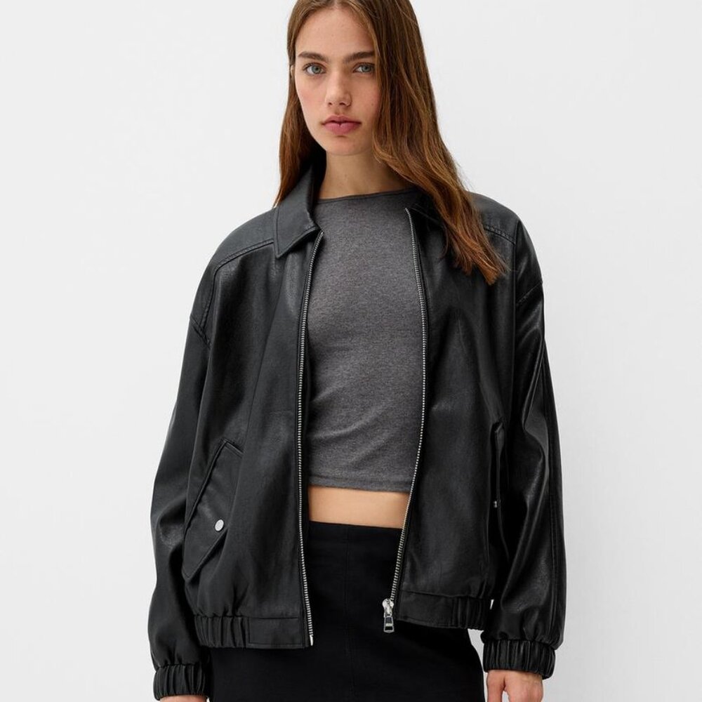 Bershka faux leather dad jacket in black